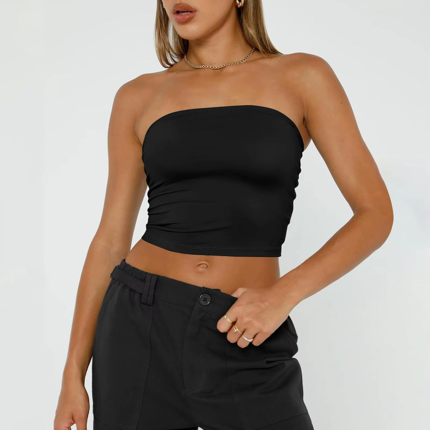 Womens Strapless Crop Tops Basic Backless Sleeveless Bandeau Cute Sexy Tops Trend Street Fashion Classic Solid Tube Tops