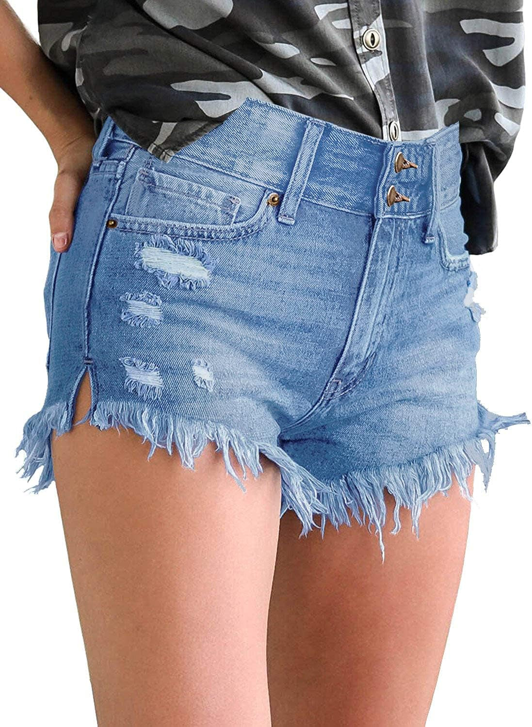 Women Casual High Waisted Denim Shorts Frayed Raw Hem Ripped Jeans Shorts