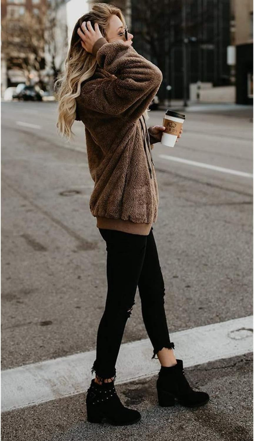 Womens Oversized Sherpa Pullover Hoodie with Pockets Fuzzy Fleece Sweatshirt Plaid Fluffy Jacket Coat