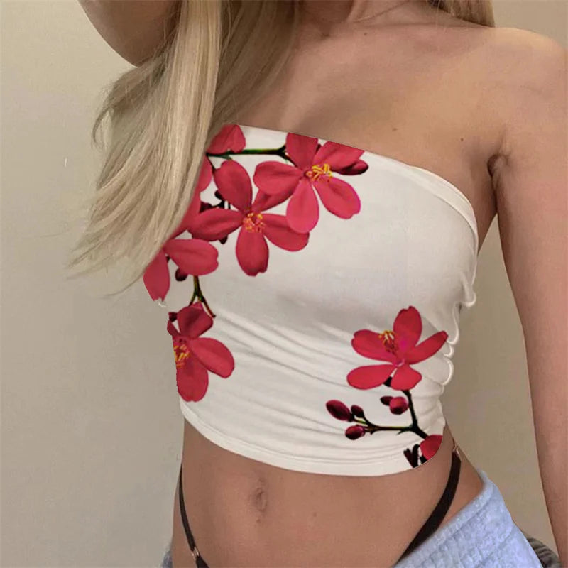 Summer Tube Tops for Women Floral Print off Shoulder Strapless Bandeau 2000S Aesthetic Y2K Clothes