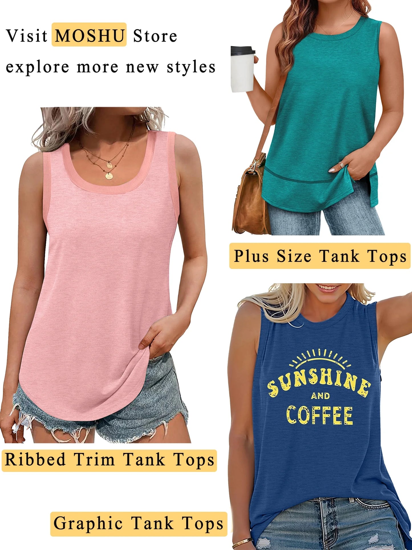 Summer Womens Tank Tops U Neck Casual Flowy Sleeveless Shirts for Women