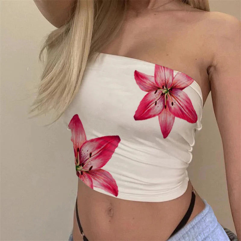 Summer Tube Tops for Women Floral Print off Shoulder Strapless Bandeau 2000S Aesthetic Y2K Clothes