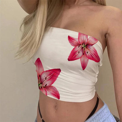 Summer Tube Tops for Women Floral Print off Shoulder Strapless Bandeau 2000S Aesthetic Y2K Clothes
