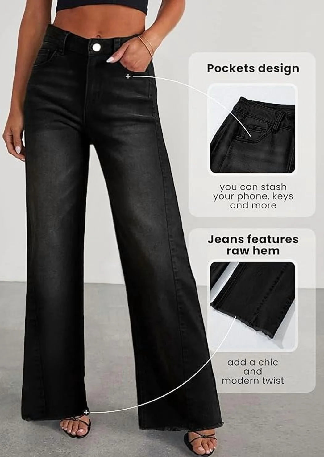 Wide Leg Jeans for Women Trendy High Waisted Stretchy Baggy Raw Hem Denim Palazzo Pants with Pockets
