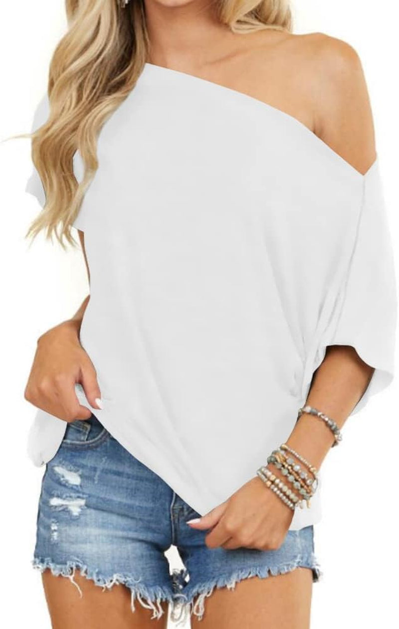Women'S off Shoulder Tops Short Sleeve Casual Loose Batwing Shirts Oversized Blouse Tunic