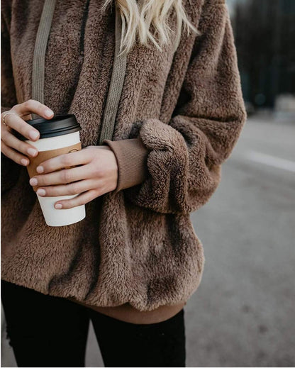 Womens Oversized Sherpa Pullover Hoodie with Pockets Fuzzy Fleece Sweatshirt Plaid Fluffy Jacket Coat