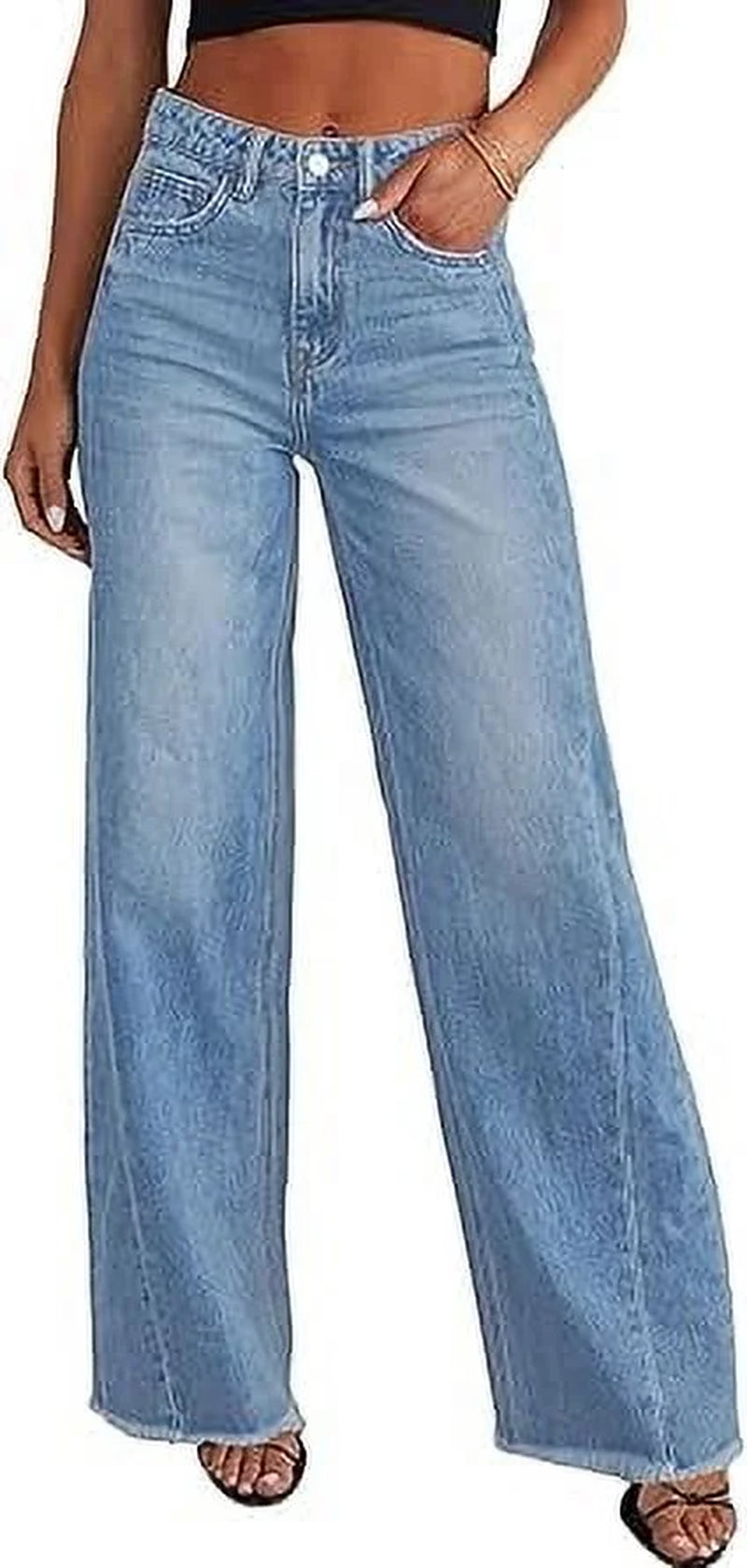 Wide Leg Jeans for Women Trendy High Waisted Stretchy Baggy Raw Hem Denim Palazzo Pants with Pockets