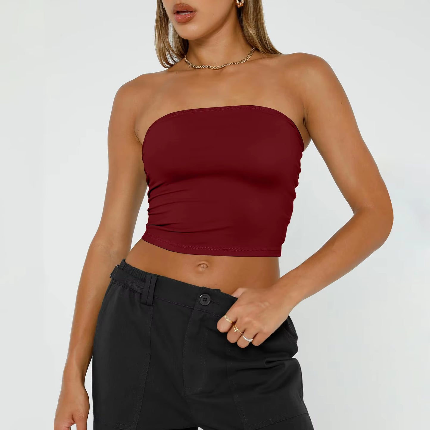 Womens Strapless Crop Tops Basic Backless Sleeveless Bandeau Cute Sexy Tops Trend Street Fashion Classic Solid Tube Tops