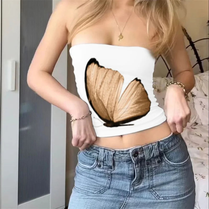 Summer Tube Tops for Women Floral Print off Shoulder Strapless Bandeau 2000S Aesthetic Y2K Clothes