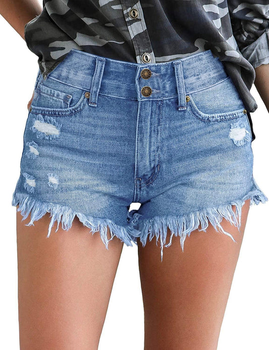 Women Casual High Waisted Denim Shorts Frayed Raw Hem Ripped Jeans Shorts