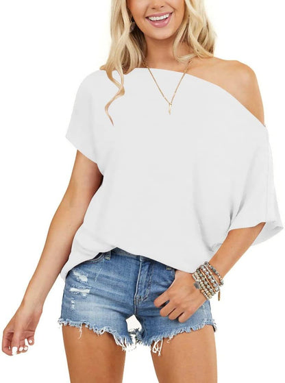Women'S off Shoulder Tops Short Sleeve Casual Loose Batwing Shirts Oversized Blouse Tunic