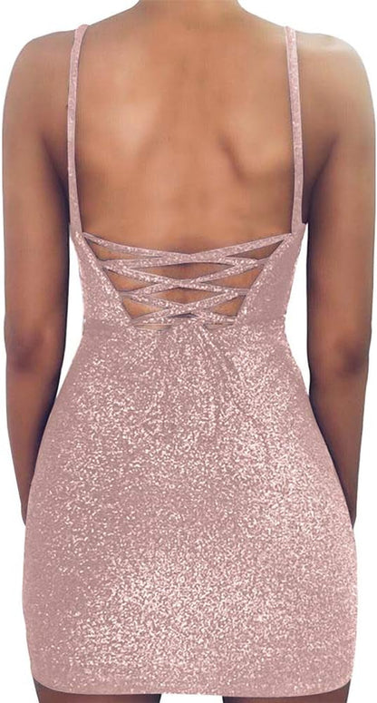 Women'S Sexy Glitter Bandage Bodycon Wrap Dress Sleeveless Mini Club Party Dresses