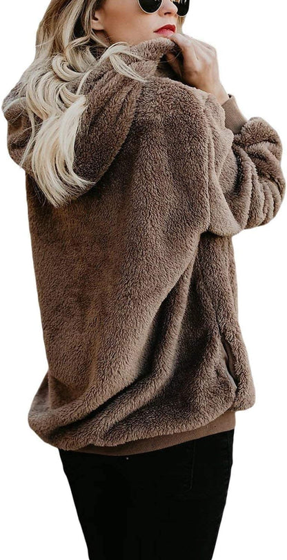 Womens Oversized Sherpa Pullover Hoodie with Pockets Fuzzy Fleece Sweatshirt Plaid Fluffy Jacket Coat