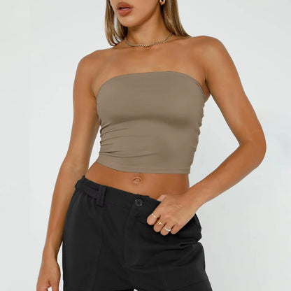 Womens Strapless Crop Tops Basic Backless Sleeveless Bandeau Cute Sexy Tops Trend Street Fashion Classic Solid Tube Tops