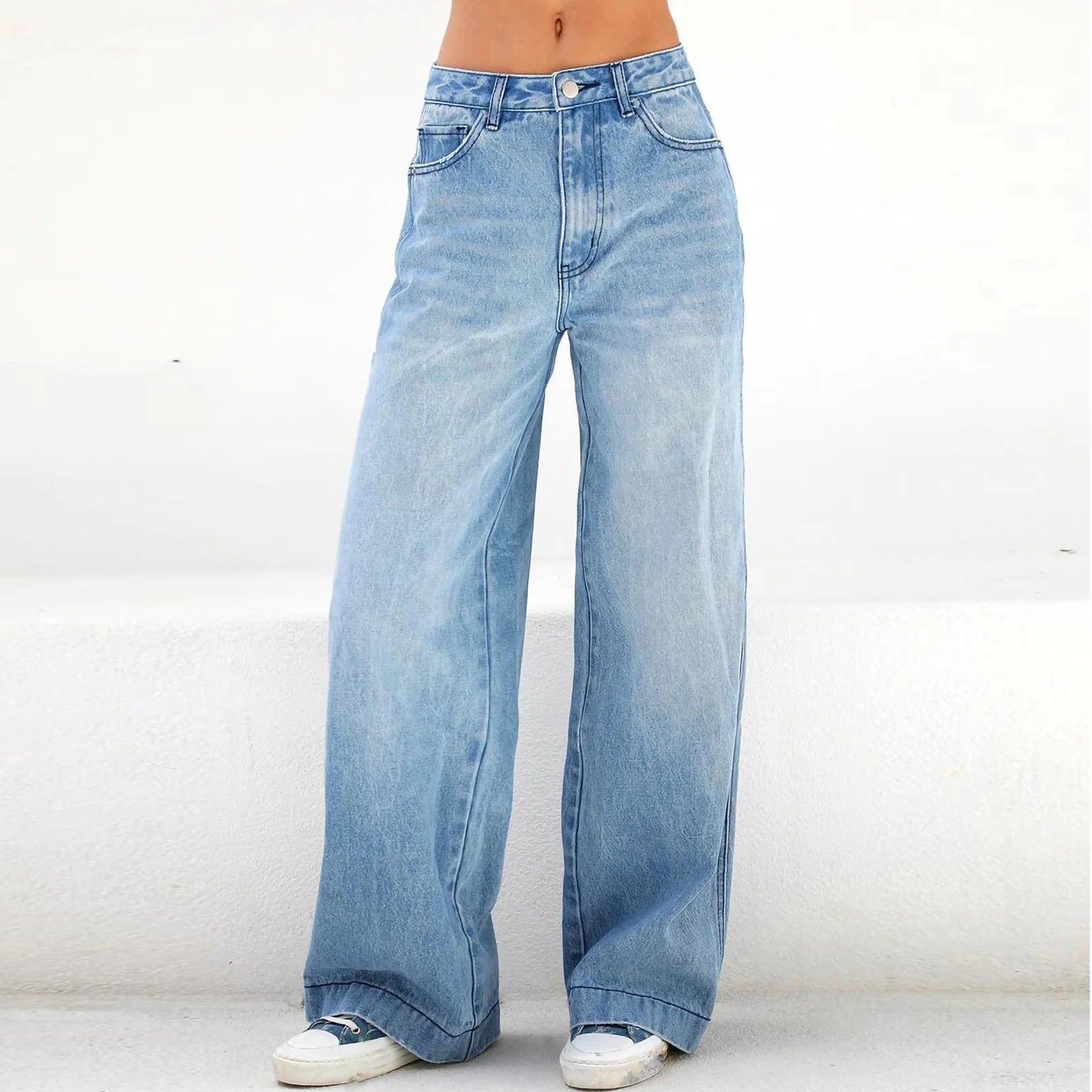 Women'S Fashion Jeans High Waisted Wide Leg Jeans Summer Casual Straight Baggy Jeans Color Block Patch Denim Trousers Dark Blue,L