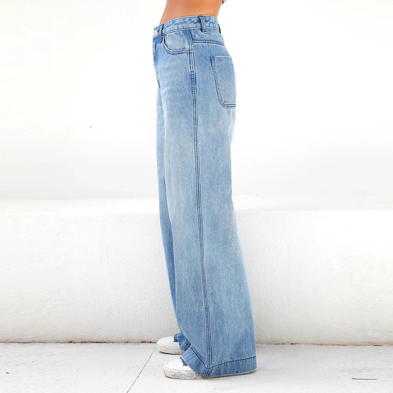 Women'S Fashion Jeans High Waisted Wide Leg Jeans Summer Casual Straight Baggy Jeans Color Block Patch Denim Trousers Dark Blue,L