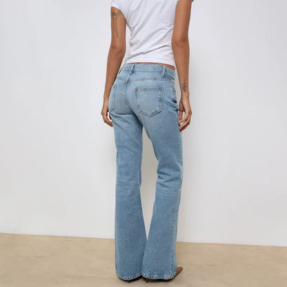 Fashion Womens Jeans Bottom Low Waist Zipper Button Solid Trousers with Pockets for Daily Casual Streetwear