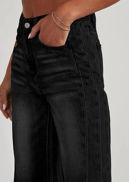 Wide Leg Jeans for Women Trendy High Waisted Stretchy Baggy Raw Hem Denim Palazzo Pants with Pockets