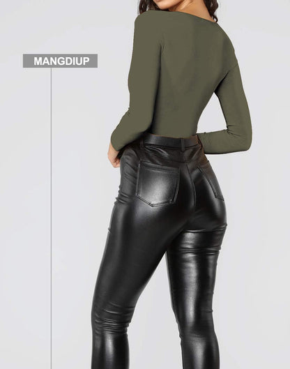 Women'S V-Neck Long Sleeve Bodysuit for Women - Sexy & Comfortable Stretchy Tops