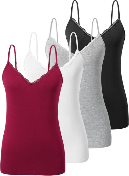 Plain Camisole for Women Lace Tank Tops V Neck Adjustable Cami Sexy Undershirts 4 Pack