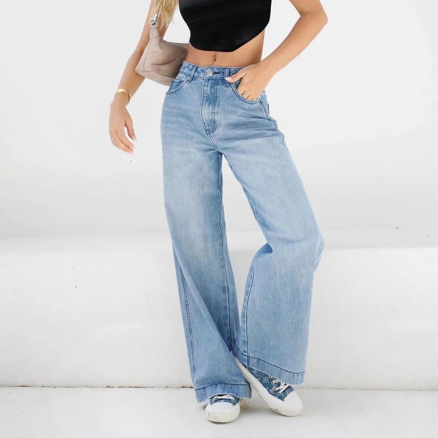Women'S Fashion Jeans High Waisted Wide Leg Jeans Summer Casual Straight Baggy Jeans Color Block Patch Denim Trousers Dark Blue,L